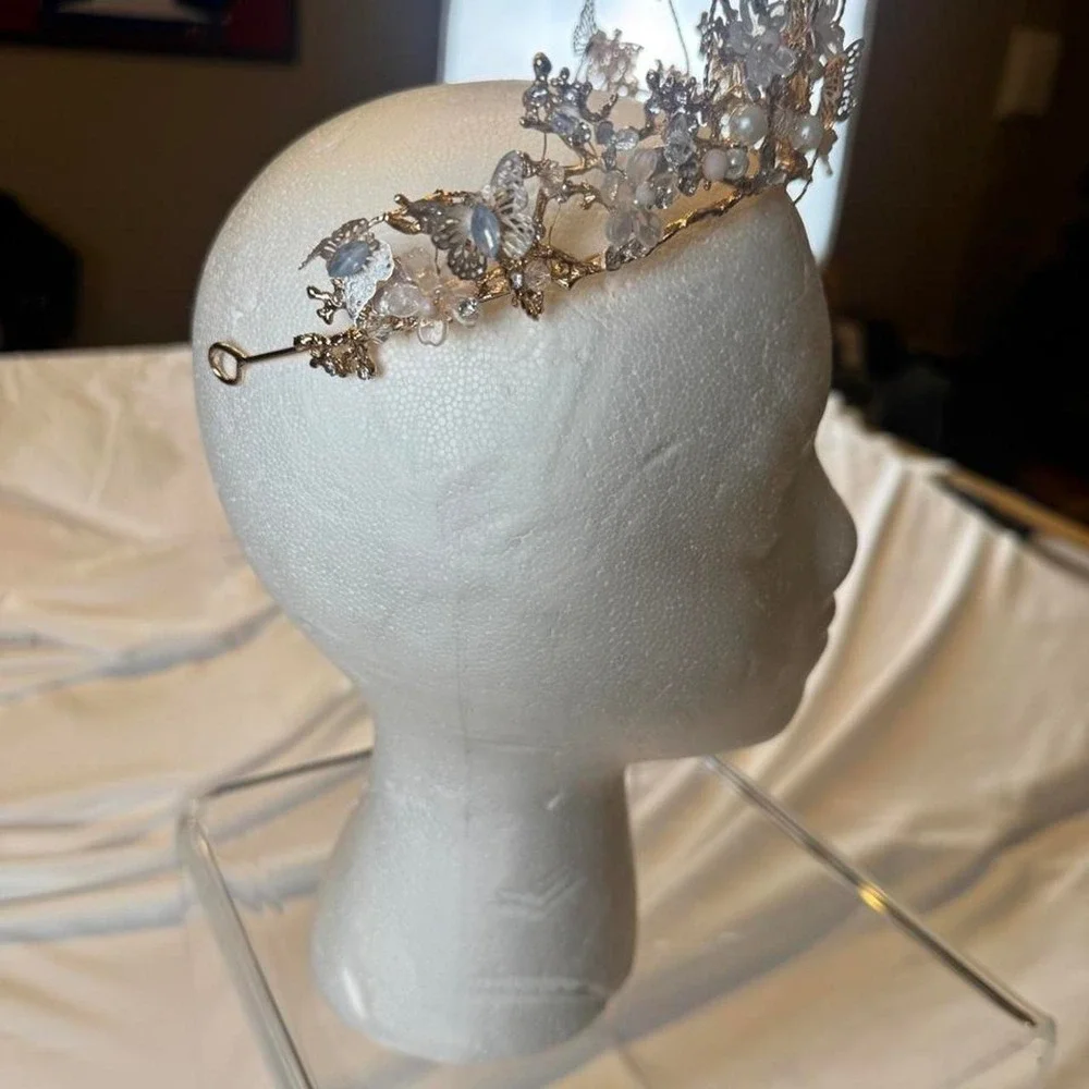 Gold Butterfly Flower Crown Crystal Fairycore  Headpiece